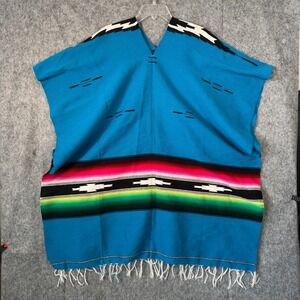 Vintage Poncho Fringe‎ Hem Traditional Mexican Sarape Wool OS